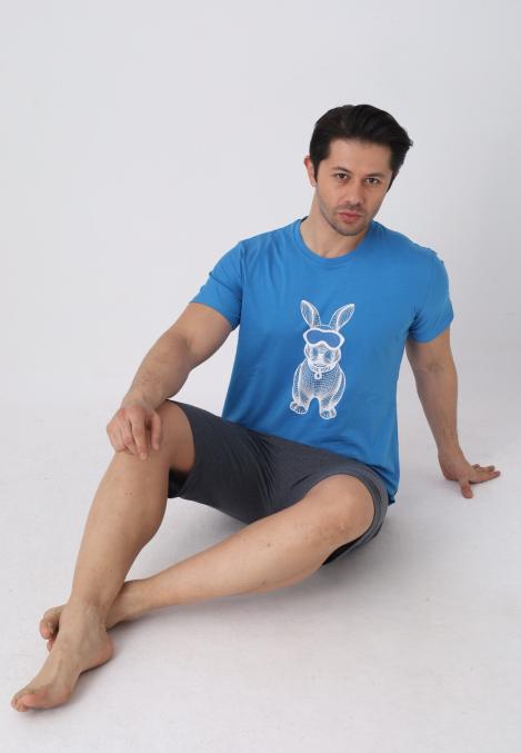 Pijama barbat cu maneca scurta si pantaloni 3/4, culoare albastru, Engros